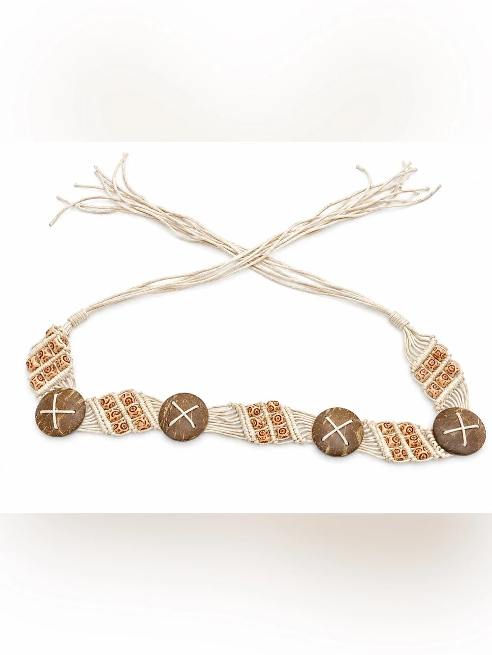 Vintage Style Boho Macramé Tie Belt Natural Wood Look Beads Adjustable Festival